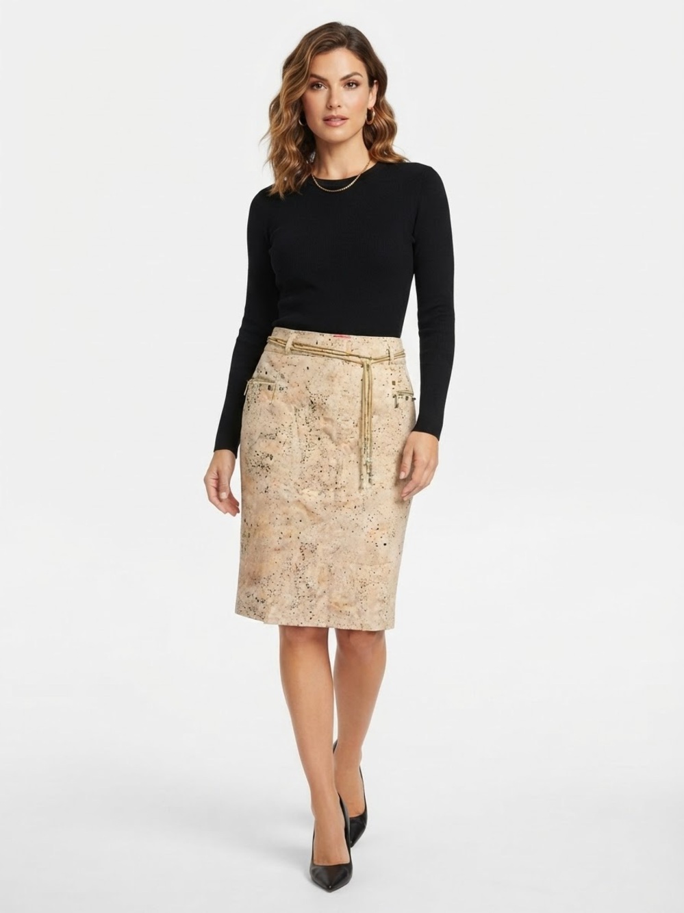 Very Vera Metallic Tan Speckled Skirt Size 14 Studded Pockets Stretch Waist